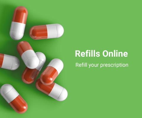 An image where Text Reading "Refills Online. Refill your prescription"