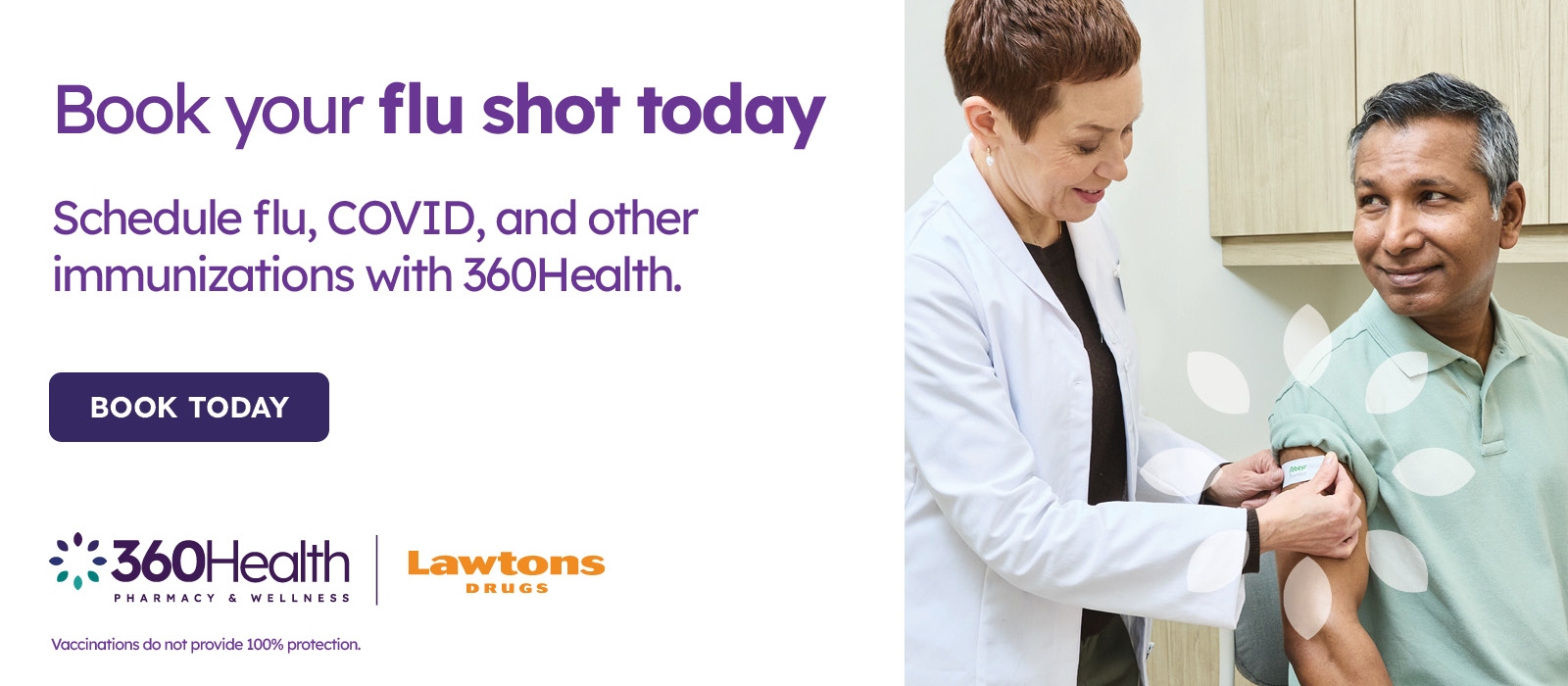 Book your flu shot today – Schedule flu, COVID, and other immunizations with 360Health. Button reads Book Today.